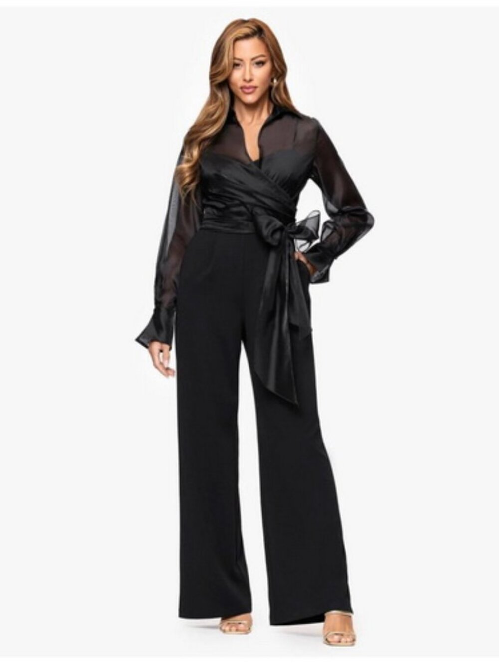 Xscape Black Mixed Media Long Sleeve Jumpsuit